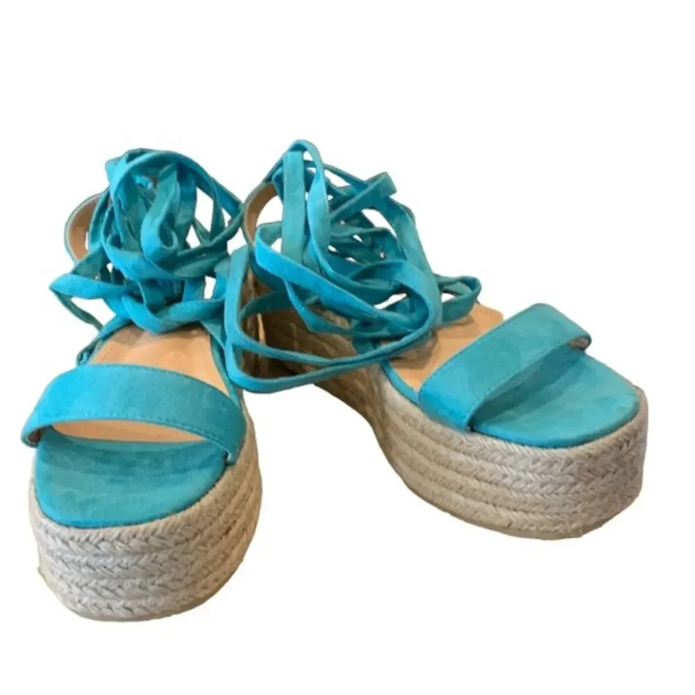 Fashion Nova espadrilles‎ flats ankle ties wrap around turquoise blue 9